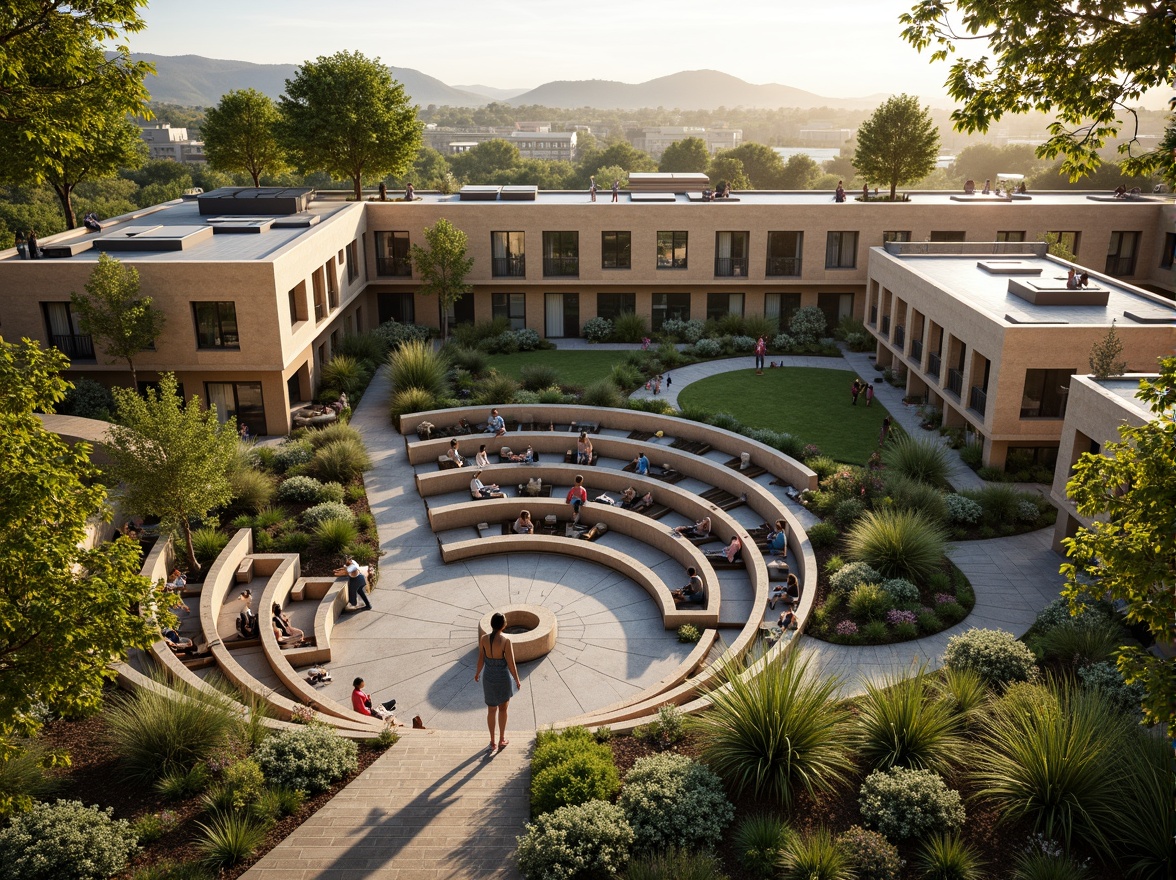 Prompt: Cozy amphitheater social housing, natural stone fa\u00e7ade, earthy color palette, lush green roofs, abundant vegetation, communal outdoor spaces, curved seating areas, wooden benches, warm afternoon sunlight, soft diffused lighting, 1/2 composition, relaxed atmosphere, organic architecture, eco-friendly materials, solar panels, green walls, vertical gardens, community gathering spaces, playful water features, meandering pathways, scenic vistas.