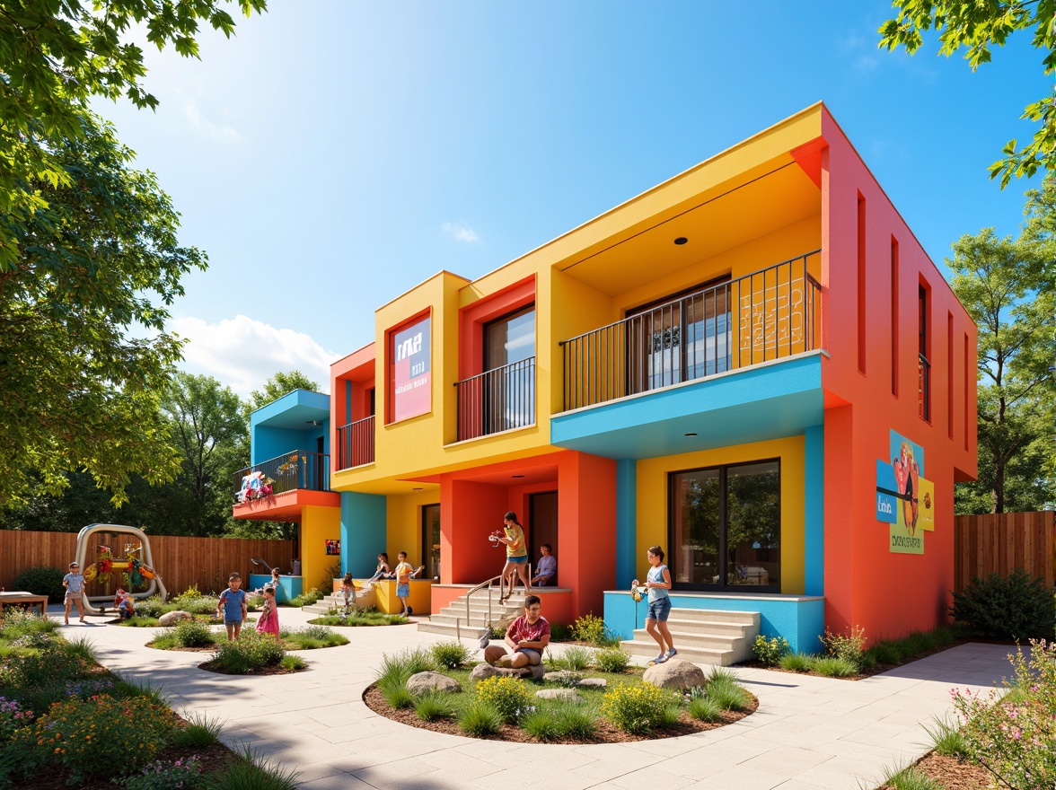 Prompt: Vibrant kindergarten facade, playful structuralism style, bold colorful blocks, irregular shapes, dynamic angles, whimsical patterns, child-friendly materials, safety railings, educational signage, interactive play walls, climbing nets, musical instruments, outdoor learning spaces, natural wood accents, bright sunny day, soft warm lighting, shallow depth of field, 3/4 composition, panoramic view, realistic textures, ambient occlusion.