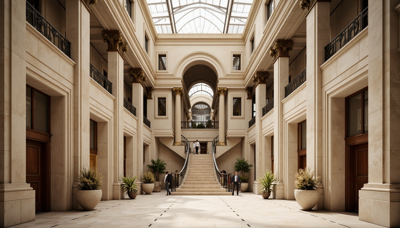 Prompt: Grandiose energy plant, neoclassical facade, ornate columns, symmetrical architecture, limestone walls, bronze details, elegant cornices, subtle ornamentation, classical proportions, grand entrance, sweeping staircases, marble floors, vaulted ceilings, soft natural lighting, warm beige tones, 1/2 composition, shallow depth of field, atmospheric perspective, realistic textures.