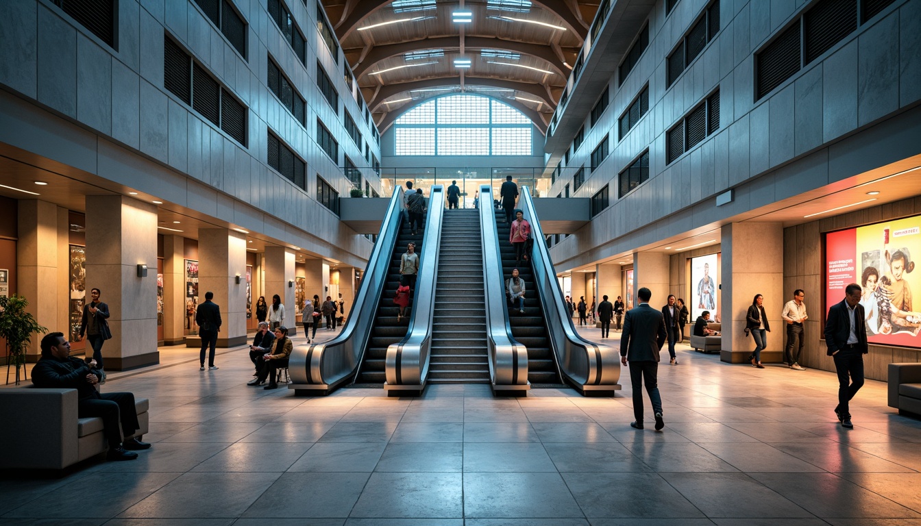 Prompt: Modern metro station interior, sleek lines, stainless steel handrails, futuristic LED lighting, dynamic escalators, spacious waiting areas, comfortable seating, urban commuters, rush hour atmosphere, vibrant advertising displays, high ceilings, polished marble floors, intricate tile patterns, natural stone walls, geometric-shaped columns, airy open spaces, efficient pedestrian flow, clear signage, intuitive navigation systems, soft warm ambiance, shallow depth of field, 1/1 composition, realistic textures, ambient occlusion.