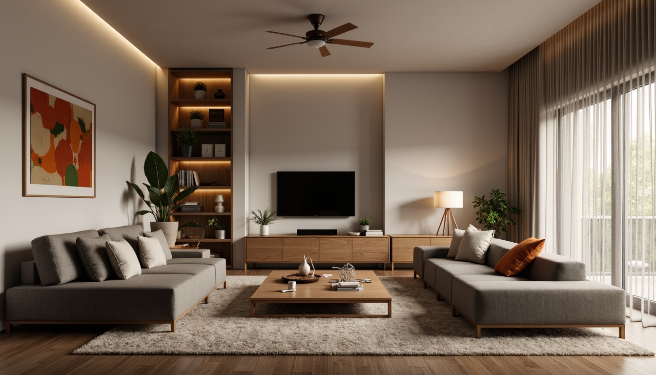 Prompt: Minimalist living room, comfortable sofas, wooden coffee table, floor lamps, abstract artwork, natural textiles, earthy color palette, functional storage units, sleek TV stand, cozy reading nook, warm ambient lighting, 1/1 composition, shallow depth of field, soft focus effect, realistic textures, subtle shadows.