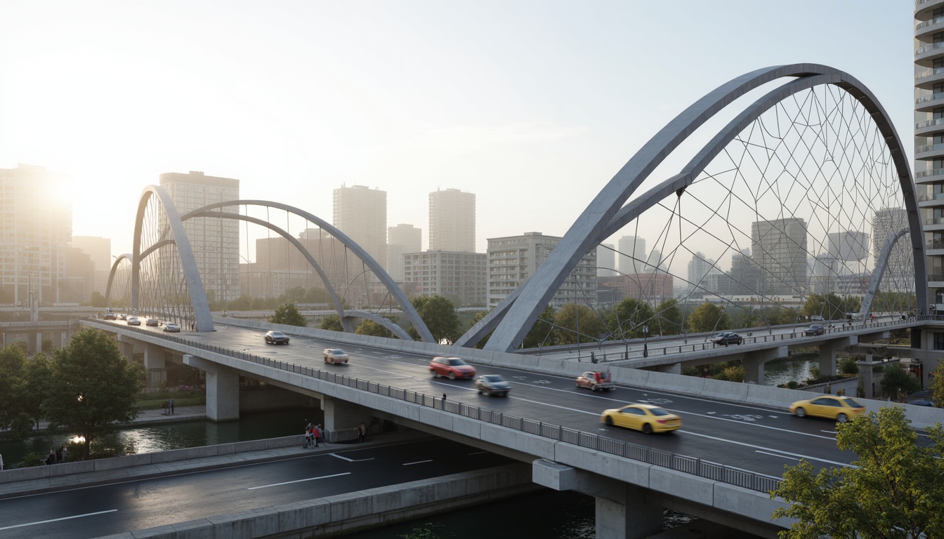 Prompt: Sleek vehicular bridge, modern international style, steel arches, cable-stayed design, suspension system, geometric shapes, minimalist aesthetic, industrial materials, silver metallic color, urban cityscape, busy highway, speeding cars, morning mist, soft natural light, shallow depth of field, 1/1 composition, realistic reflections, ambient occlusion.