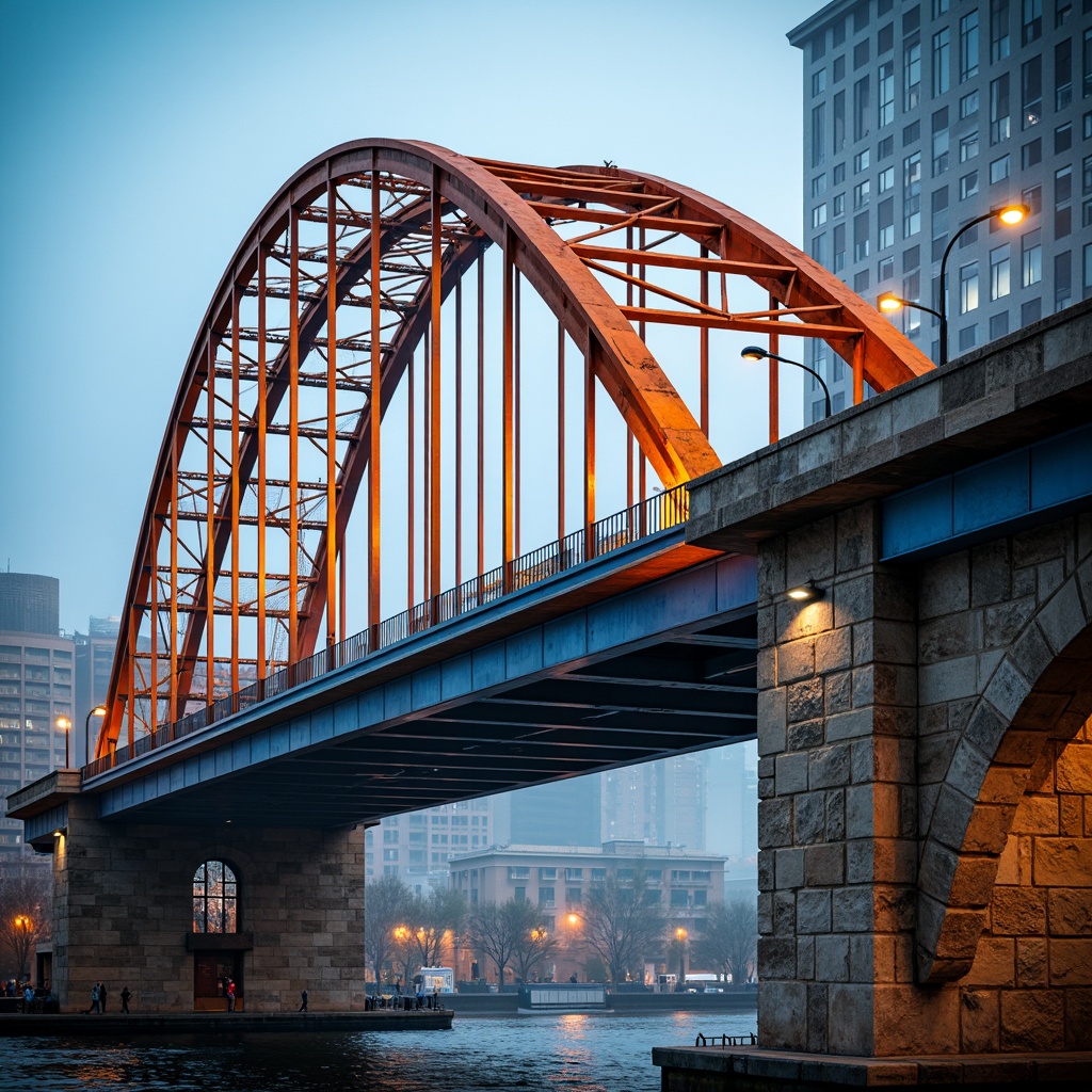 Prompt: Vibrant urban infrastructure, steel arch bridges, suspension cables, concrete pillars, rustic stone abutments, modern architectural design, dynamic color scheme, bold blue hues, bright orange accents, sleek silver tones, warm golden lighting, misty dawn atmosphere, shallow depth of field, 1/1 composition, realistic reflections, ambient occlusion.