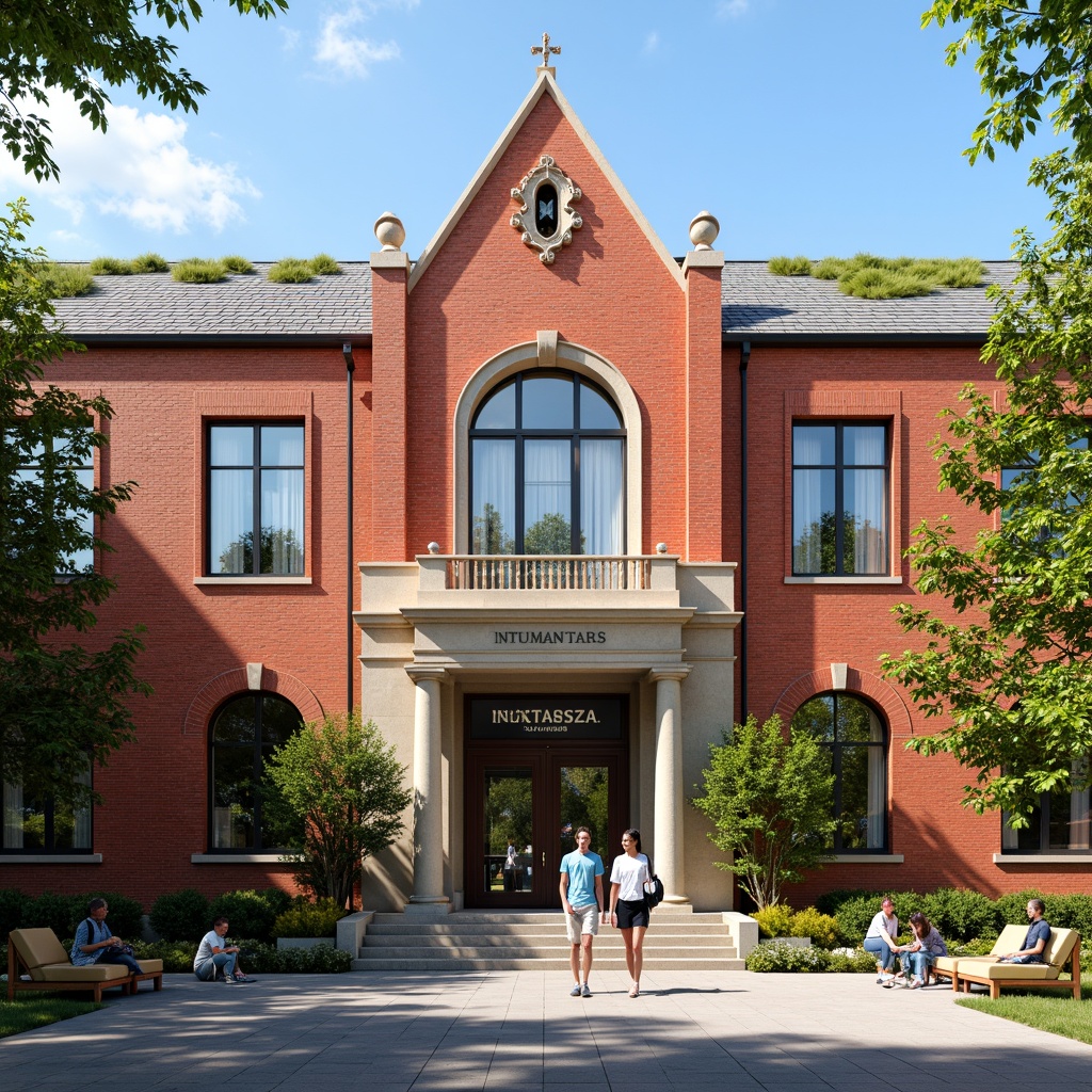 Prompt: Vibrant red brick facades, ornate stone carvings, grand entrance archways, sprawling green roofs, modern educational signage, large glazed windows, metal frame doors, bustling student gathering spaces, sunny afternoon lighting, shallow depth of field, 3/4 composition, realistic textures, ambient occlusion.