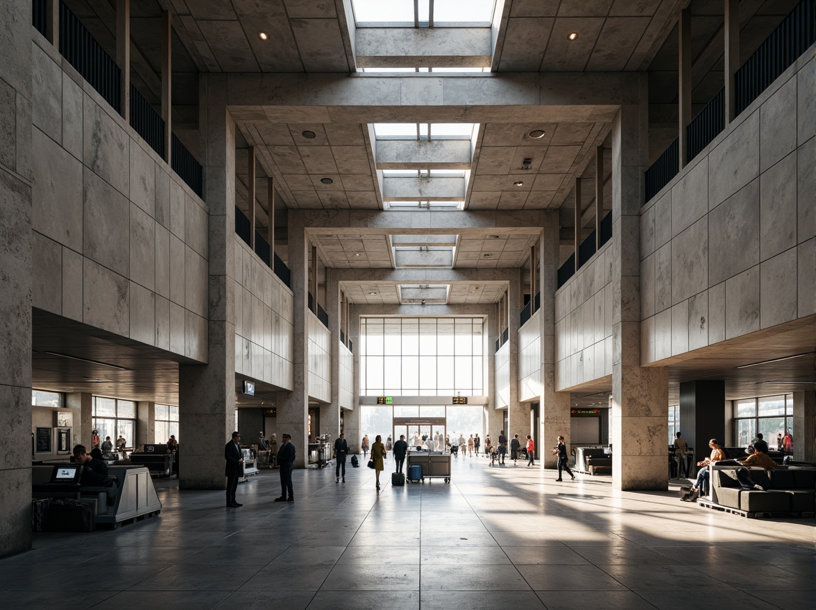 Prompt: Exposed concrete walls, rugged stone floors, industrial metal beams, minimalist airport signage, brutalist architecture, functional lighting fixtures, cold atmospheric ambiance, vast open spaces, dramatic high ceilings, geometric-shaped pillars, raw concrete columns, industrial-style seating areas, metallic luggage carts, sleek airport information screens, modern check-in counters, futuristic security scanners, warm natural light pouring through clerestory windows, shallow depth of field, 1/1 composition, realistic textures, ambient occlusion.