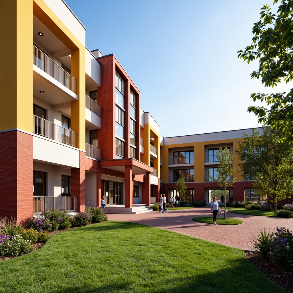 Prompt: Vibrant high school building, bold red brick walls, contrasting white trims, energetic yellow accents, modernized classic columns, sleek glass entrances, polished metal handrails, dynamic sports facilities, lively courtyard spaces, blooming flower beds, lush green lawns, sunny afternoon lighting, soft warm shadows, shallow depth of field, 3/4 composition, panoramic view, realistic textures, ambient occlusion.