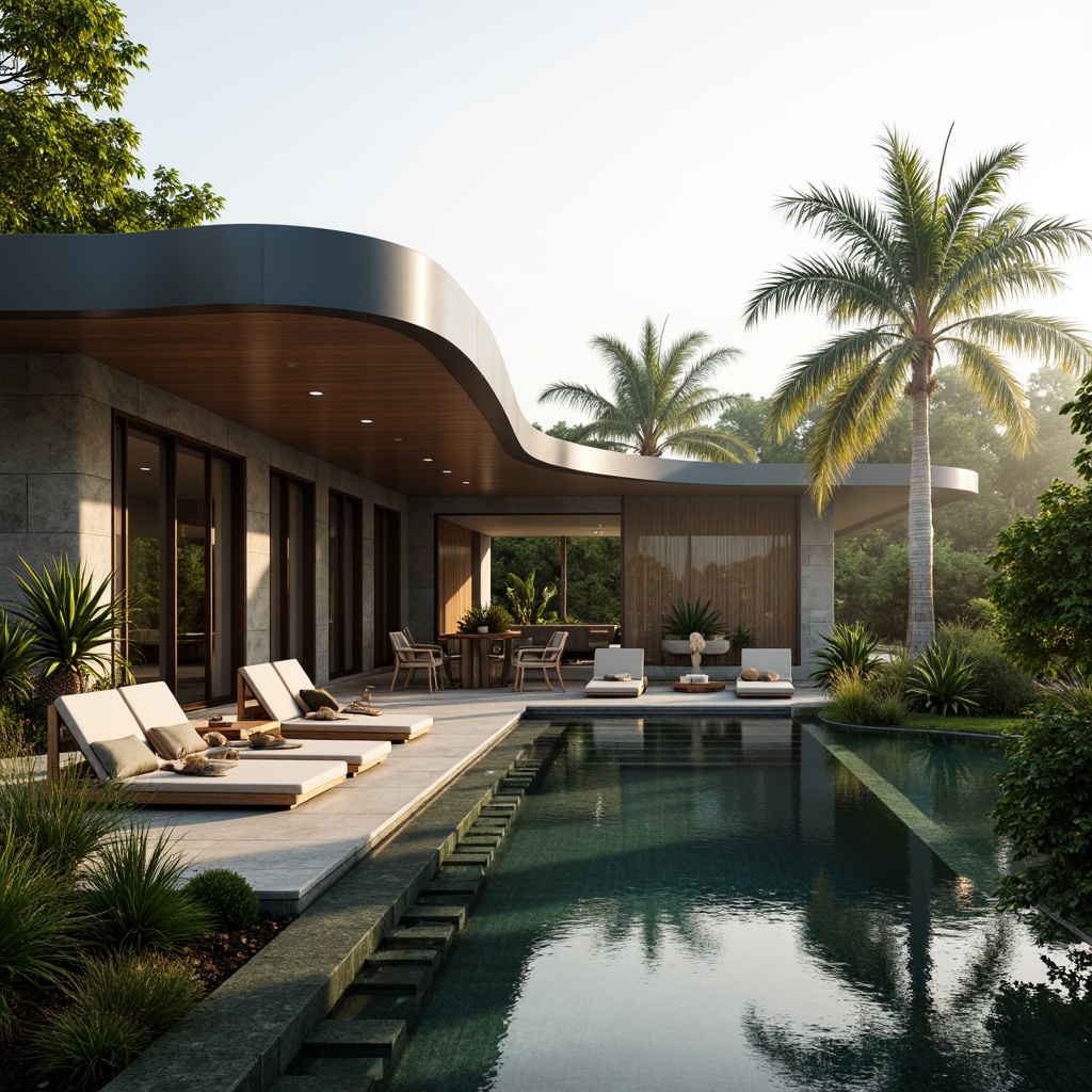 Prompt: Sleek modern villa, curved lines, minimalist architecture, floor-to-ceiling windows, sliding glass doors, cantilevered rooflines, lush greenery, tropical plants, natural stone walls, water features, serene koi pond, wooden decking, outdoor seating areas, warm ambient lighting, shallow depth of field, 1/1 composition, panoramic view, realistic textures, ambient occlusion, tranquil atmosphere, misty morning, soft warm sunlight.