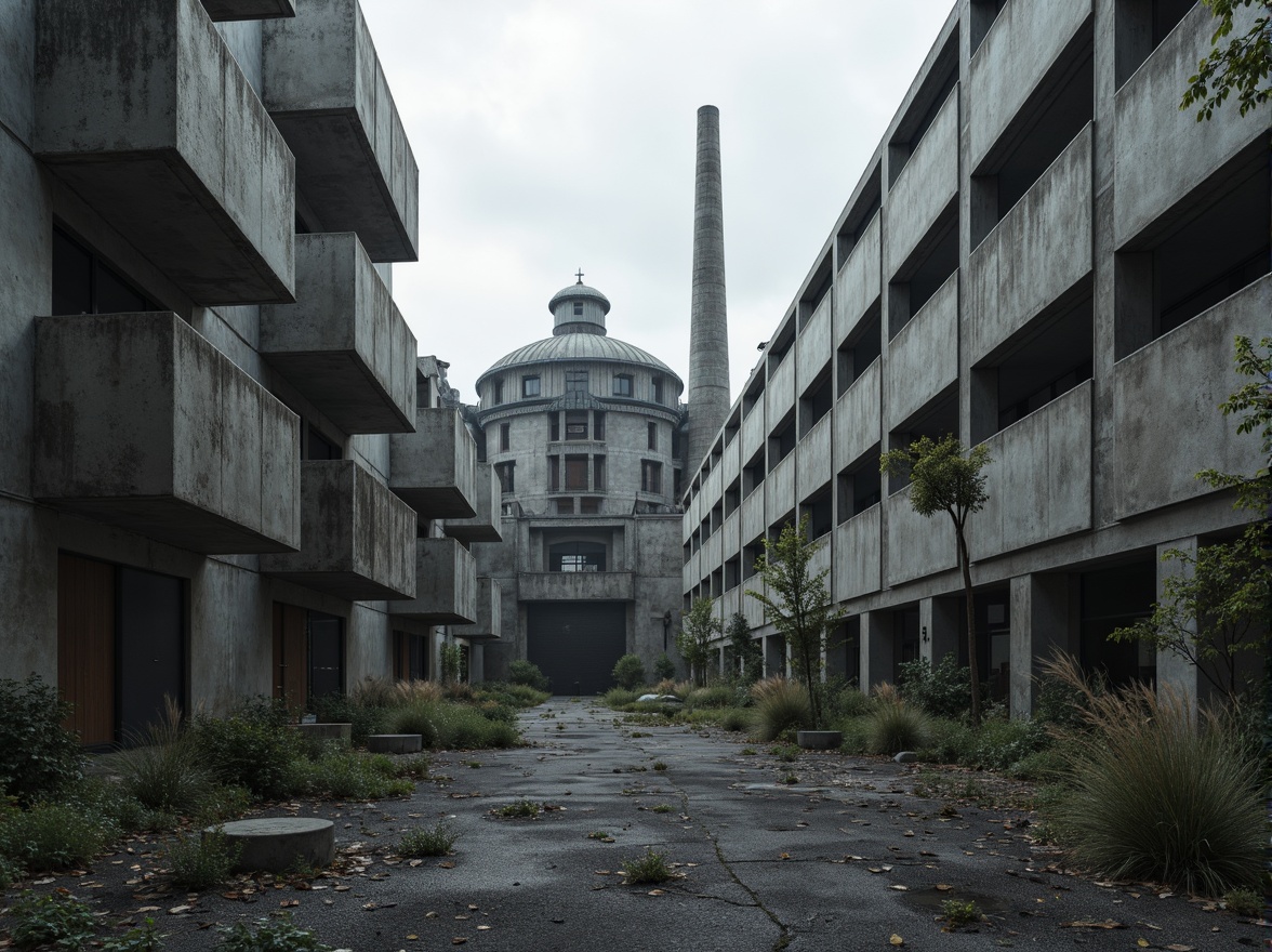 Prompt: Rugged concrete buildings, fortress-like structures, brutalist architectural style, urban cityscape, industrial landscape, abandoned factories, distressed textures, raw concrete walls, metal beams, exposed ductwork, functional minimalism, bold geometric forms, dramatic lighting effects, low-key color palette, overcast skies, strong shadows, 3/4 composition, wide-angle lens, gritty realism, cinematic atmosphere.