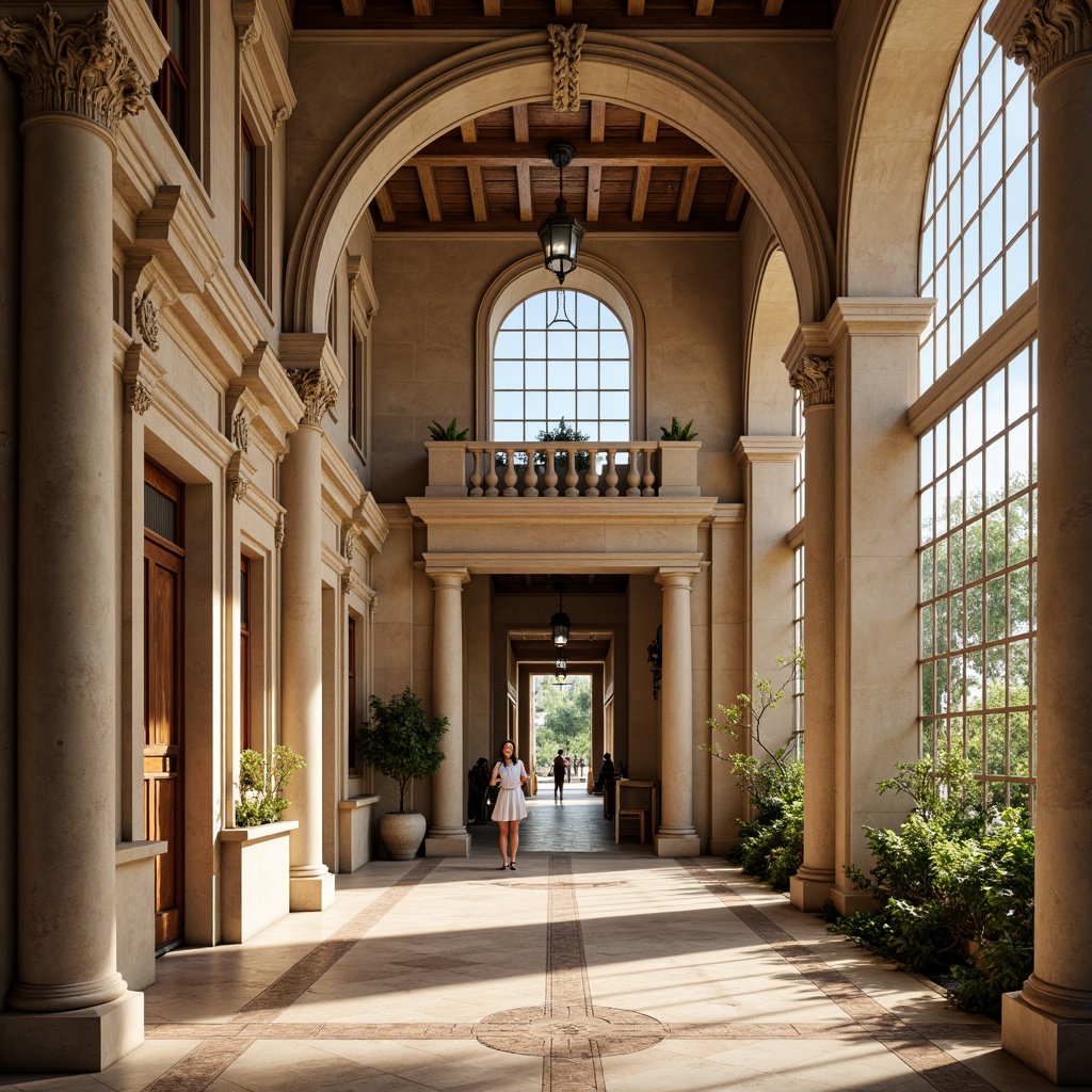 Prompt: Renaissance-style clinic, ornate stonework facade, rusticated base, arched windows, decorative pilasters, classical columns, carved wooden doors, intricate tile flooring, warm beige color scheme, natural stone walls, vaulted ceilings, large stained glass windows, soft diffused lighting, 3/4 composition, shallow depth of field, realistic textures, ambient occlusion.