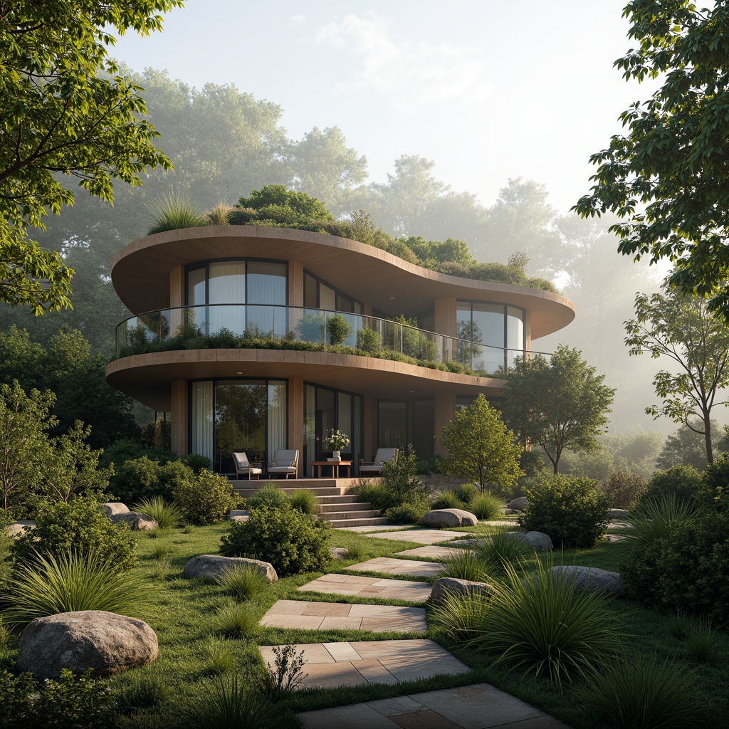 Prompt: Eco-friendly villa, organic curves, natural materials, reclaimed wood, green roofs, living walls, rainwater harvesting systems, solar panels, wind turbines, passive design strategies, thermal mass construction, breathable earthy tones, lush vegetation, serene forest surroundings, misty morning atmosphere, soft diffused lighting, 1/1 composition, intimate scale, organic textures, earthy color palette, natural stone pathways.