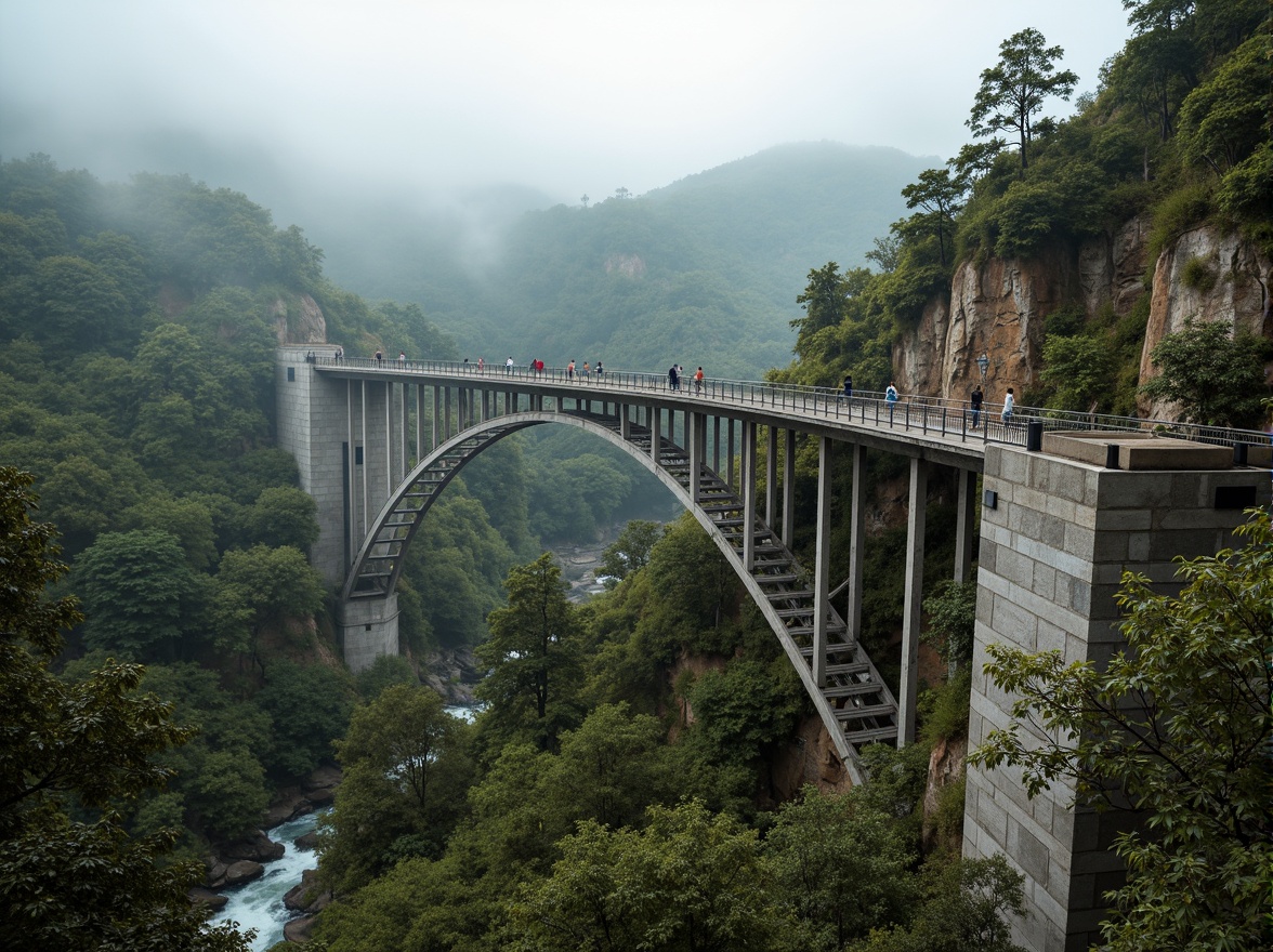 Prompt: Mountainous terrain, winding roads, steel arch bridge, suspension cables, pedestrian walkways, scenic overlooks, lush greenery, native plant species, rocky outcrops, misty atmosphere, soft warm lighting, 1/2 composition, low-angle shot, realistic textures, ambient occlusion, modern engineering marvel, sleek metal railings, weathered stone abutments, gentle water flow, serene natural surroundings.