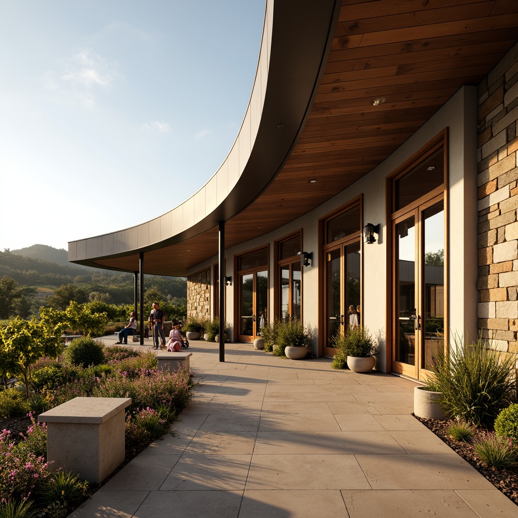 Prompt: Sophisticated winery facade, international style, curved metal lines, large glass windows, rustic stone walls, wooden accents, vineyard views, rolling hills, sunny afternoon, warm golden lighting, shallow depth of field, 1/1 composition, realistic reflections, ambient occlusion, modern minimalist decor, sleek steel frames, elegant wooden doors, natural materials, earthy color palette, Mediterranean-inspired architecture, terracotta roofs, ornate metal railings.