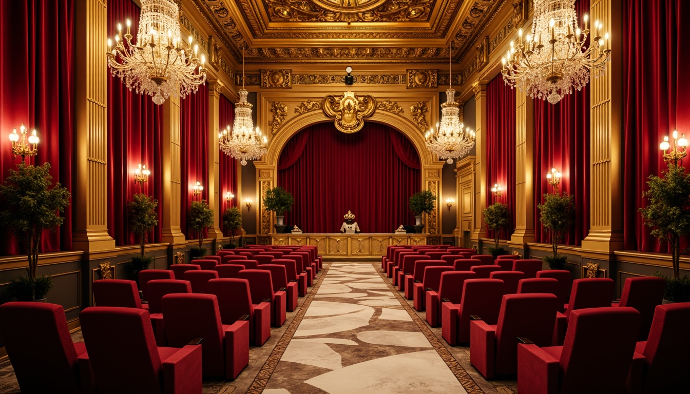 Prompt: Opulent cinema interior, lavish gold accents, rich red velvet drapes, ornate Baroque details, grandiose crystal chandeliers, luxurious marble floors, warm golden lighting, soft focus photography, cinematic 2.39