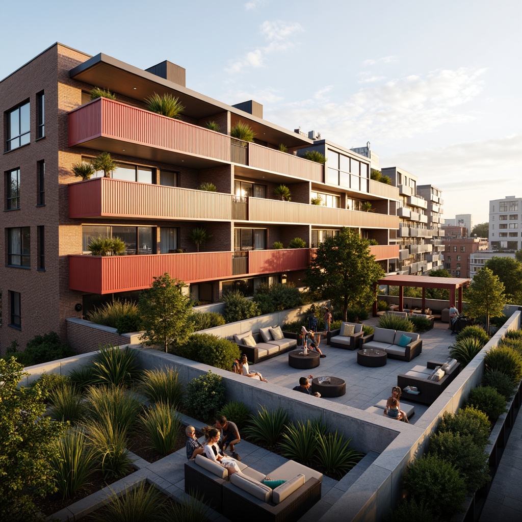 Prompt: Vibrant bar-style social housing, industrial-chic facade, exposed brick walls, metal cladding, floor-to-ceiling windows, minimalist balconies, communal rooftop garden, urban cityscape views, warm golden lighting, shallow depth of field, 1/1 composition, realistic textures, ambient occlusion.