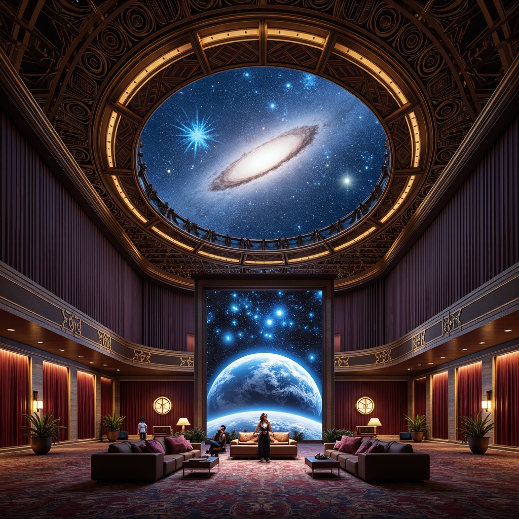 Prompt: Celestial planetarium, ornate Art Deco patterns, intricate geometric shapes, luxurious velvet drapes, polished brass accents, gleaming chrome fixtures, starry night sky, vibrant nebulae, majestic galaxies, swirling asteroid belts, 3D projection mapping, immersive dome screen, atmospheric lighting effects, soft focus blur, shallow depth of field, cinematic composition, ornate metalwork, beveled glass panels, lavish furnishings, rich jewel tones, opulent textiles, intricate mosaics, futuristic astronomy instruments.