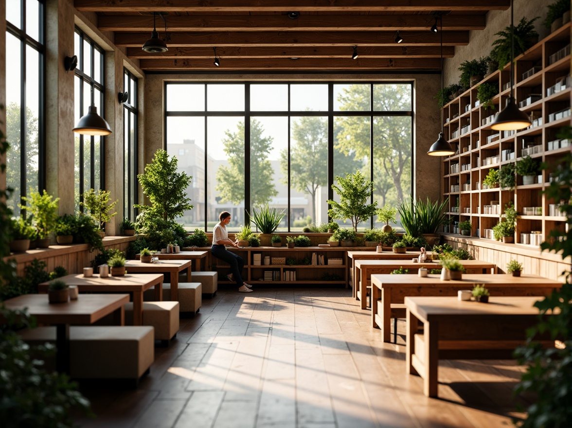 Prompt: Cozy coffee shop interior, large windows, natural light pouring in, warm wooden tones, comfortable seating areas, lush greenery, vibrant plants, modern minimalist decor, industrial metal accents, reclaimed wood tables, soft warm lighting, shallow depth of field, 1/1 composition, realistic textures, ambient occlusion.