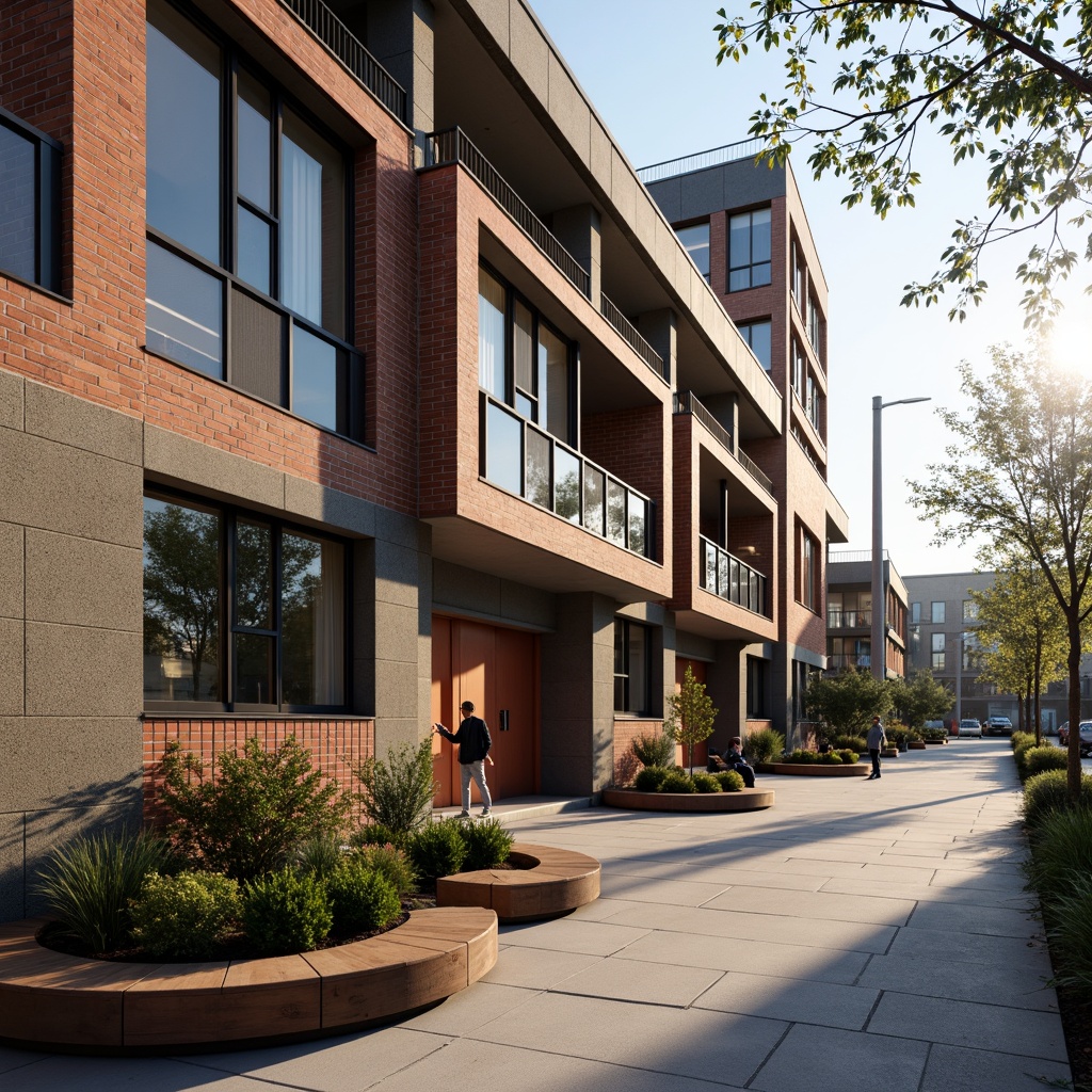 Prompt: Vibrant high school building, exposed brick facade, rough stone walls, metallic accents, wooden benches, concrete pavement, rustic steel doors, industrial-style lighting, urban cityscape, morning sunlight, soft shadows, shallow depth of field, 3/4 composition, realistic textures, ambient occlusion.