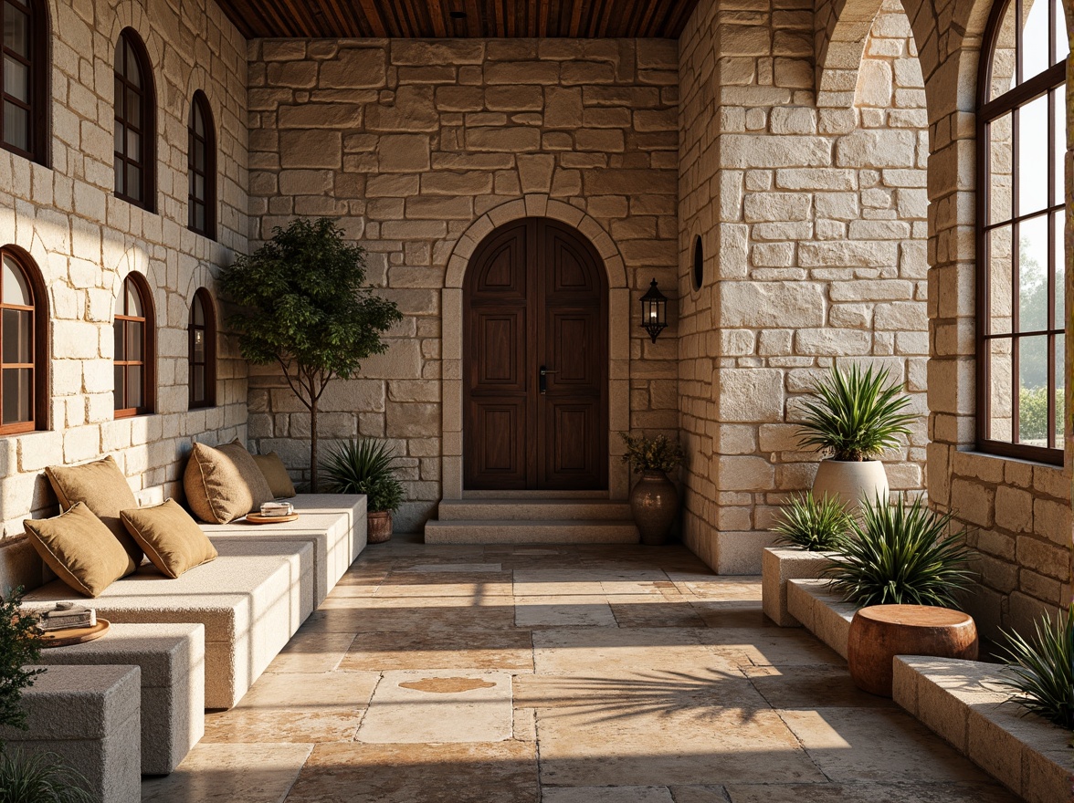 Prompt: Exquisite stone walls, rustic brick facades, ornate carved stonework, arched windows, weathered stone textures, earthy color palette, traditional building techniques, rugged stone foundations, mortared joints, distressed wood accents, natural lighting, warm ambient tones, shallow depth of field, 2/3 composition, realistic material rendering, subtle ambient occlusion.