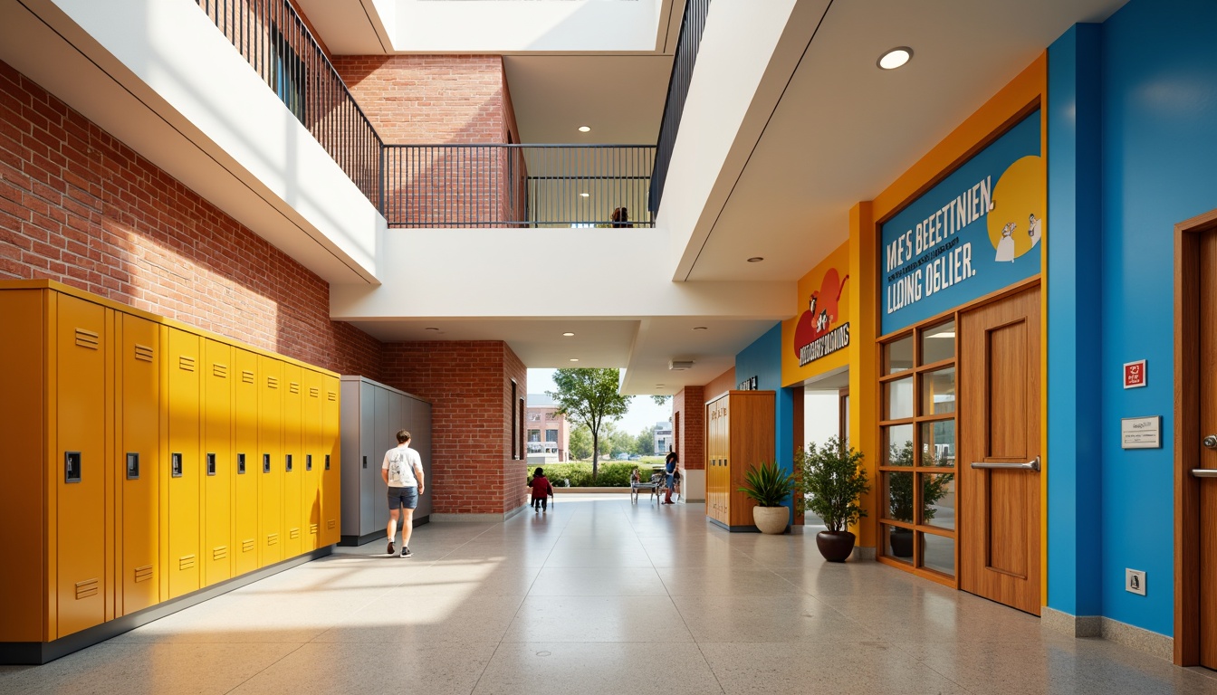 Prompt: Vibrant high school building, bold red brick fa\u00e7ade, creamy white columns, bright blue accents, sunny yellow lockers, warm beige hallways, rich brown wooden doors, modern minimalist interior design, sleek metal handrails, polished chrome fixtures, large glass windows, natural stone floors, educational murals, inspirational quotes, lively student artwork, bustling corridor atmosphere, shallow depth of field, 1/2 composition, soft warm lighting, realistic textures.