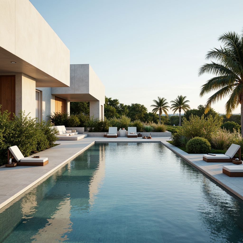 Prompt: Sleek pool design, minimalist aesthetic, calm atmosphere, soft natural light, subtle water ripples, gentle lapping sounds, serene ambiance, clean lines, simple shapes, monochromatic color scheme, neutral tones, creamy whites, soft grays, blues and greens undertones, warm beige accents, matte finishes, smooth concrete surfaces, lush greenery surroundings, tropical plants, palm trees, sunny day, warm glow lighting, shallow depth of field, 1/1 composition, realistic textures, ambient occlusion.