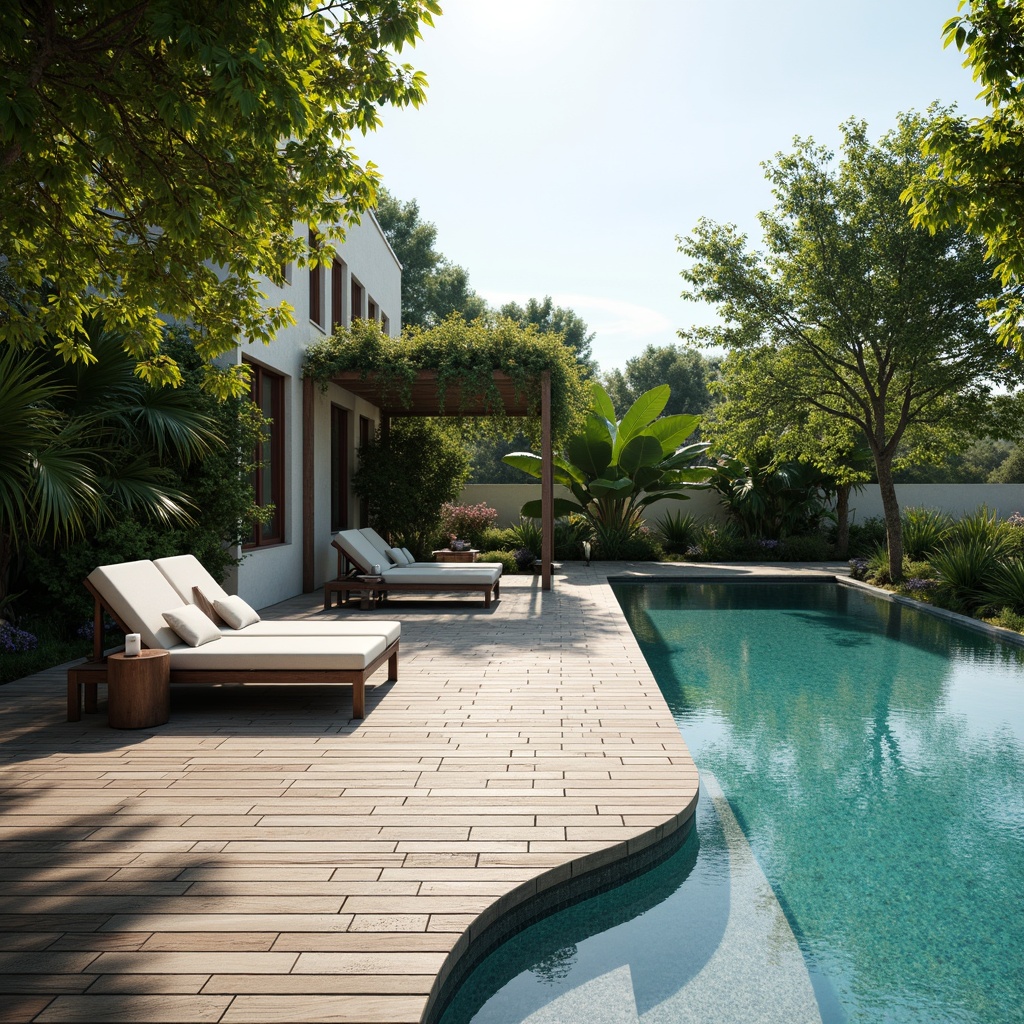 Prompt: Sleek minimalist pool, infinity edge, crystal clear water, surrounding wooden deck, modern lounge chairs, plush cushions, natural stone pavement, lush greenery, tropical plants, palm trees, warm sunny day, soft gentle breeze, shallow depth of field, 1/1 composition, realistic textures, ambient occlusion.