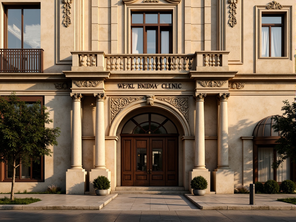 Prompt: Renaissance-style clinic facade, ornate stone carvings, grand entrance arches, symmetrical columns, intricate balconies, decorative cornices, rusticated quoins, arched windows, stained glass panels, classical pediments, warm beige stonework, soft golden lighting, subtle shadowing, 1/1 composition, intimate scale, realistic textures, ambient occlusion.