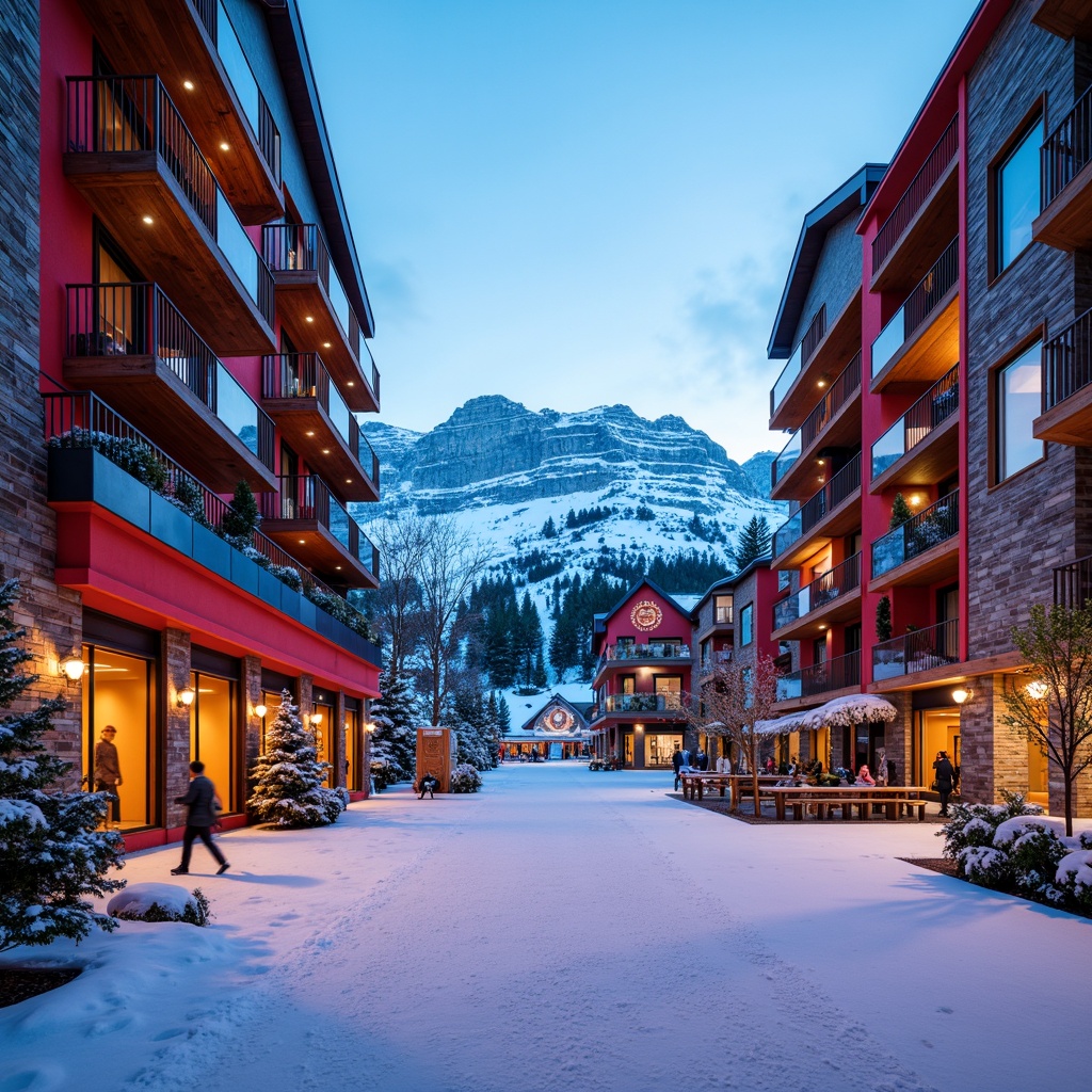 Prompt: Vibrant ski resort, eclectic architecture, bold color scheme, bright red accents, deep blue undertones, warm wooden textures, rustic stone walls, modern metallic beams, intricate wooden carvings, ornate decorations, dynamic lighting fixtures, snow-capped mountains, pine tree surroundings, frosty winter mornings, soft powdery snow, dramatic mountain vistas, 3/4 composition, shallow depth of field, realistic rendering.