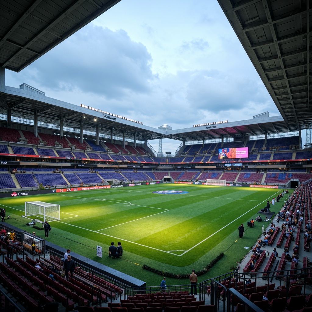 Prompt: Futuristic soccer stadium, sleek metal beams, cantilevered roofs, vibrant LED lighting, lush green turf, angular lines, modern architecture, grandstand seating, player tunnels, goalposts, netting, floodlights, misting systems, athletic tracks, scoreboard displays, VIP lounges, concession stands, urban landscape, cloudy sky, dramatic shadows, shallow depth of field, 3/4 composition, realistic textures, ambient occlusion.