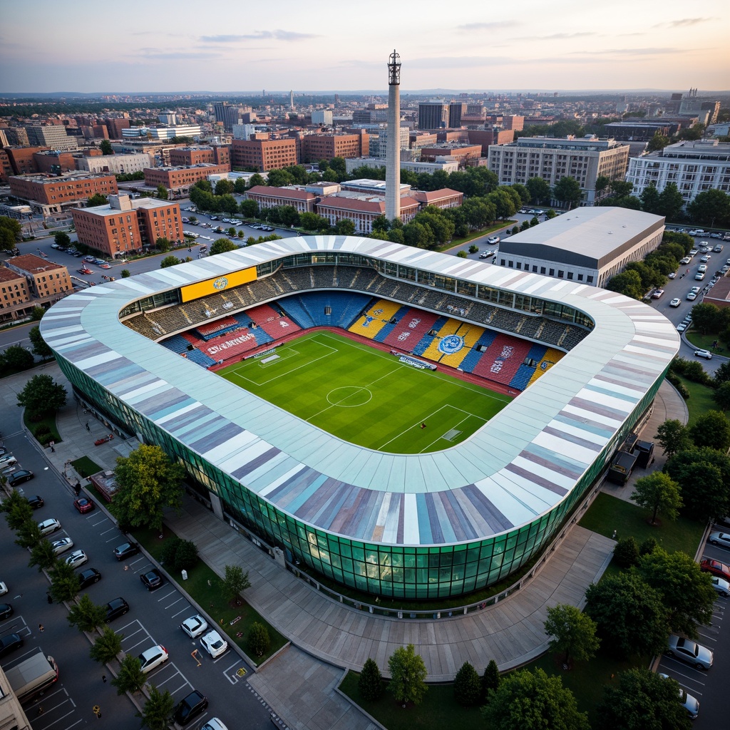 Prompt: Modern soccer stadium, sleek curved lines, green roof, transparent glass fa\u00e7ade, steel beams, vibrant team colors, lush grass field, athletic track, spectator seating, floodlights, scoreboard, giant video screens, urban cityscape, bustling streets, crowded parking lots, pedestrian walkways, public art installations, integrated transportation hubs, accessible entrances, inclusive amenities, sustainable building materials, optimized natural ventilation, soft warm lighting, shallow depth of field, 3/4 composition, panoramic view.