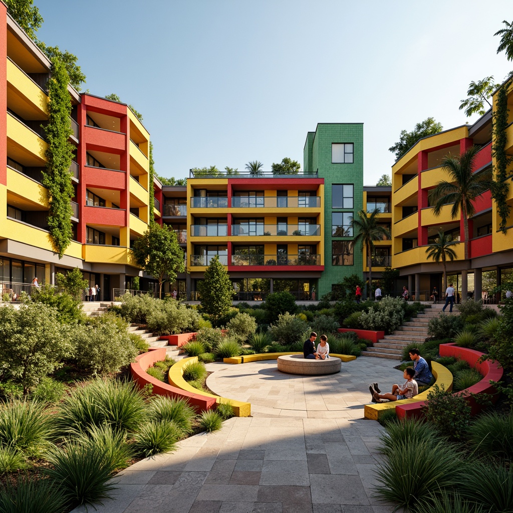 Prompt: Vibrant social housing complex, curved amphitheater design, stepped seating areas, lush green roofs, vertical garden walls, colorful tile facades, brutalist concrete structures, minimalist balcony railings, sliding glass doors, warm yellow lighting, shallow depth of field, 1/2 composition, panoramic view, realistic textures, ambient occlusion.