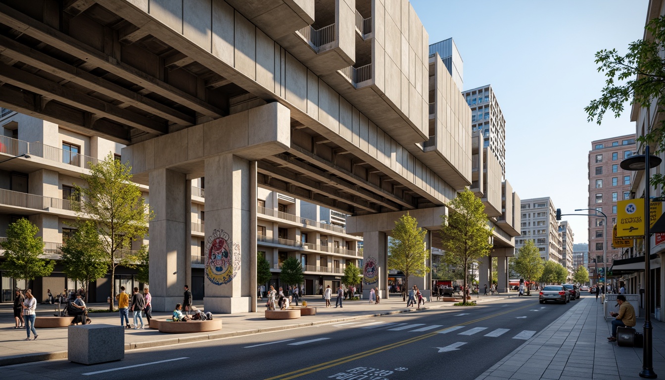 Prompt: Urban cityscape, brutalist architecture, Bauhaus-inspired bridges, concrete pillars, steel beams, geometric shapes, industrial materials, functional design, urban revitalization, pedestrian walkways, cyclist lanes, vibrant street art, eclectic urban furniture, modern streetlights, sunny day, soft warm lighting, shallow depth of field, 3/4 composition, panoramic view, realistic textures, ambient occlusion.