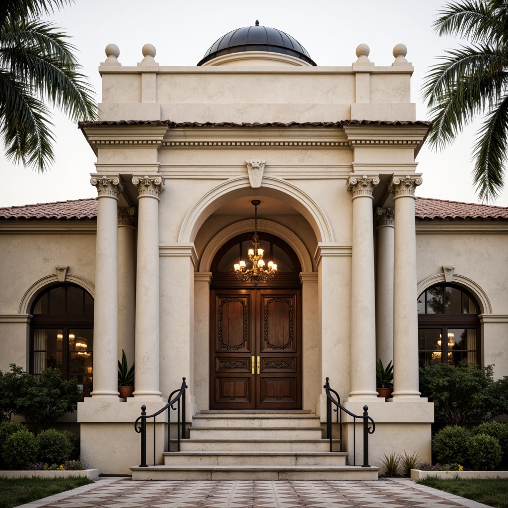 Prompt: Elegant neoclassical fa\u00e7ade, creamy limestone walls, ornate Corinthian columns, rusticated quoins, carved wooden doors, polished brass hardware, grand entrance portico, symmetrical composition, soft warm lighting, subtle gradient shading, refined ornamental details, authentic weathered stone texture, traditional European-style roofing, majestic domed towers, intricate stucco work, opulent crystal chandeliers, lavish velvet drapes, antique furniture pieces, richly patterned rugs.