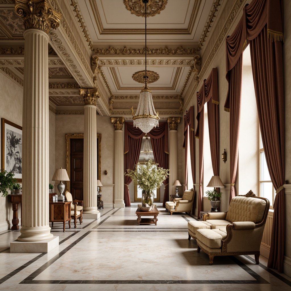 Prompt: Grandiose columns, ornate carvings, symmetrical facades, limestone walls, marble floors, ornamental moldings, gilded details, crystal chandeliers, rich velvet drapes, antique furnishings, luxurious textiles, subtle natural lighting, warm beige tones, 1/2 composition, low-angle view, detailed textures, realistic reflections.