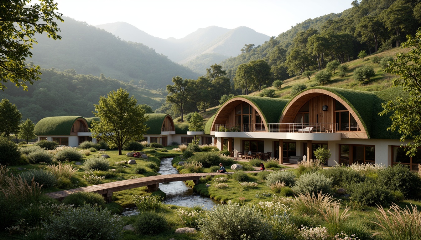 Prompt: Secluded villa, organic curves, lush green roofs, natural stone walls, reclaimed wood accents, earthy color palette, serene mountainous landscape, rolling hills, misty forests, meandering streams, rustic wooden bridges, native plant species, vibrant wildflowers, soft warm lighting, shallow depth of field, 1/2 composition, realistic textures, ambient occlusion.