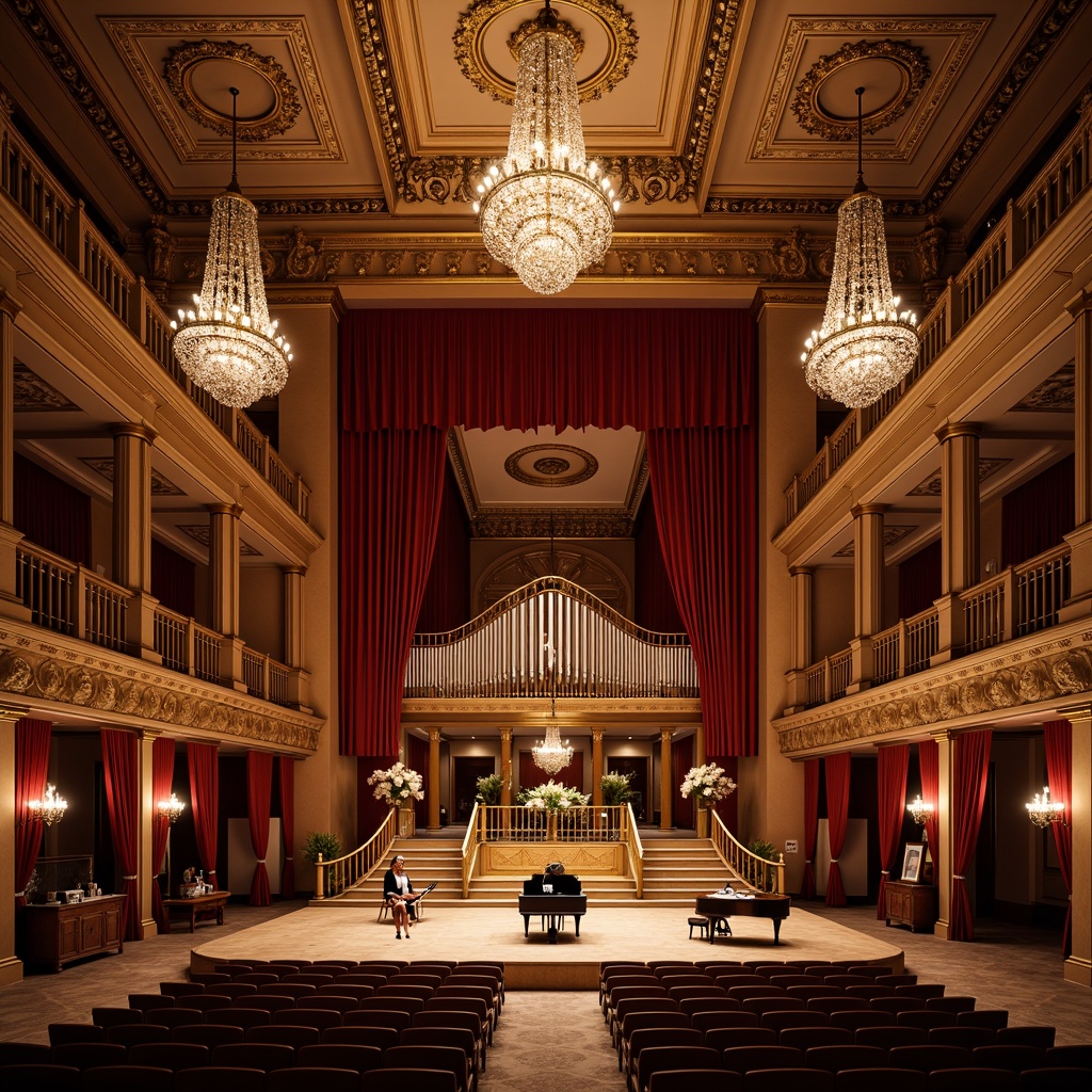 Prompt: Elegant concert hall, ornate chandeliers, rich wood paneling, plush velvet curtains, golden accents, intricate moldings, high ceilings, ornamental balconies, grand pianos, acoustic panels, sound diffusers, absorptive materials, reverberant spaces, warm soft lighting, shallow depth of field, 2/3 composition, symmetrical arrangement, realistic textures, ambient occlusion.