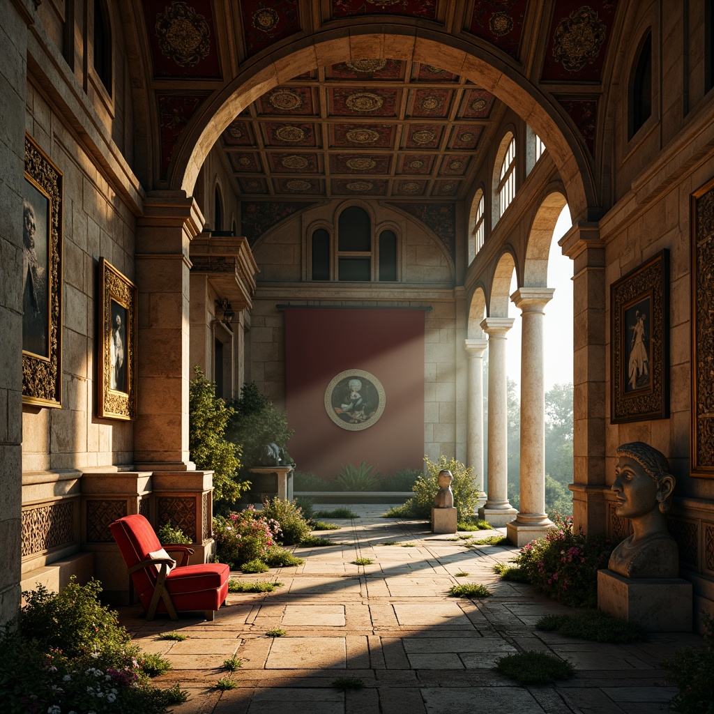 Prompt: Rustic stone walls, ornate carvings, intricately patterned vaults, grandiose archways, richly colored tapestries, heavily ornamented furnishings, warm golden lighting, soft focus, 1/1 composition, dramatic shadows, realistic textures, ambient occlusion, ancient ruins, weathered stonework, moss-covered statues, mysterious foggy atmosphere, subtle color palette.