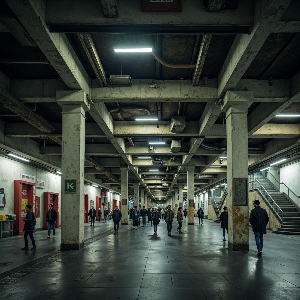 Prompt: Exposed concrete columns, raw brutalist architecture, industrial lighting fixtures, steel beams, functional staircases, minimalist signage, urban underground atmosphere, rush hour crowds, fluorescent light reflections, shallow depth of field, 1/2 composition, symmetrical framing, dramatic shadows, cold color palette, rough textures, urban decay, distressed walls, peeling paint, rusty metal accents.