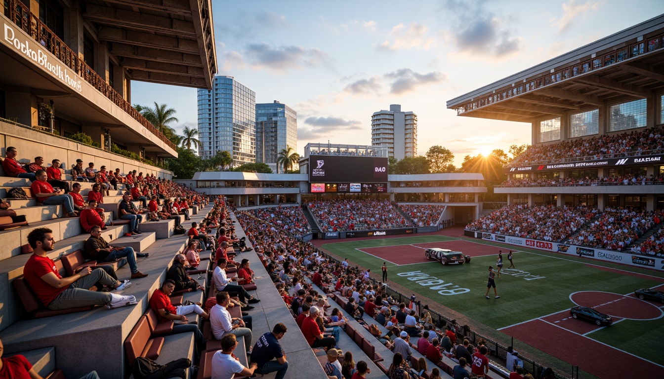 Prompt: Grandstand seating, vibrant team colors, natural stone fa\u00e7ades, sleek metal roofing, transparent glass walls, lush greenery, modern LED lighting, dynamic crowd movements, evening sunset ambiance, warm golden light, high-contrast textures, intricate geometric patterns, rustic concrete accents, polished marble floors, futuristic ribbon-like structures, dramatic cantilevered roofs, energetic urban surroundings, bustling event atmosphere, shallow depth of field, 1/2 composition, cinematic wide-angle shot.