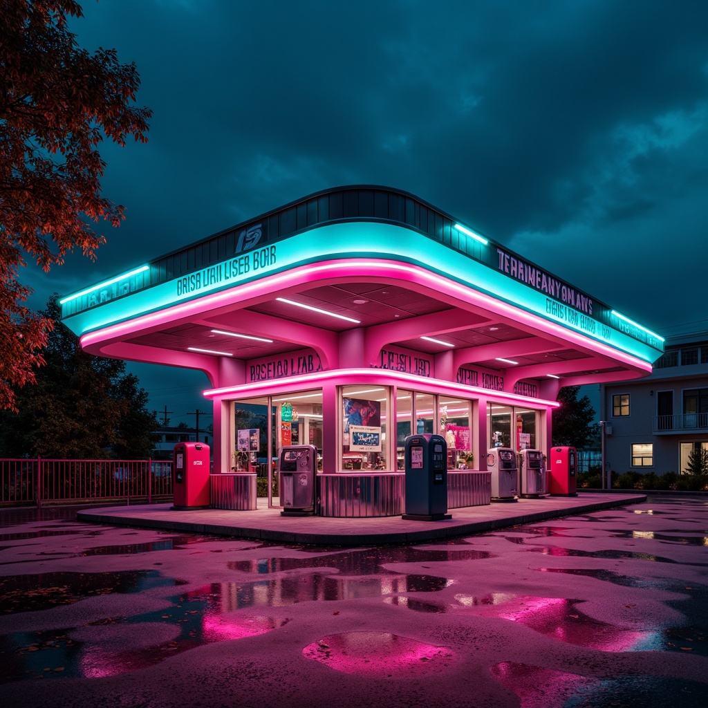 Prompt: Neon-lit gas station, retro-futuristic architecture, bold color contrasts, vibrant pink and turquoise hues, metallic surfaces, angular lines, industrial materials, distressed textures, graffiti-inspired typography, moody nighttime atmosphere, dramatic spotlights, shallow depth of field, 1/2 composition, cinematic lighting, realistic reflections, ambient occlusion.