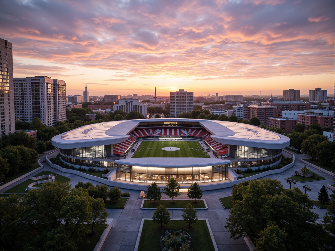 Prompt: Modernist stadium, sleek curved lines, cantilevered roofs, transparent glass fa\u00e7ades, polished steel structures, exposed concrete walls, minimalist detailing, bold color schemes, dynamic LED lighting, lush green roofs, sustainable rainwater harvesting systems, eco-friendly seating, recycled plastic materials, urban cityscape backdrop, dramatic sunsets, warm golden hour lighting, shallow depth of field, 2/3 composition, realistic reflections, ambient occlusion.