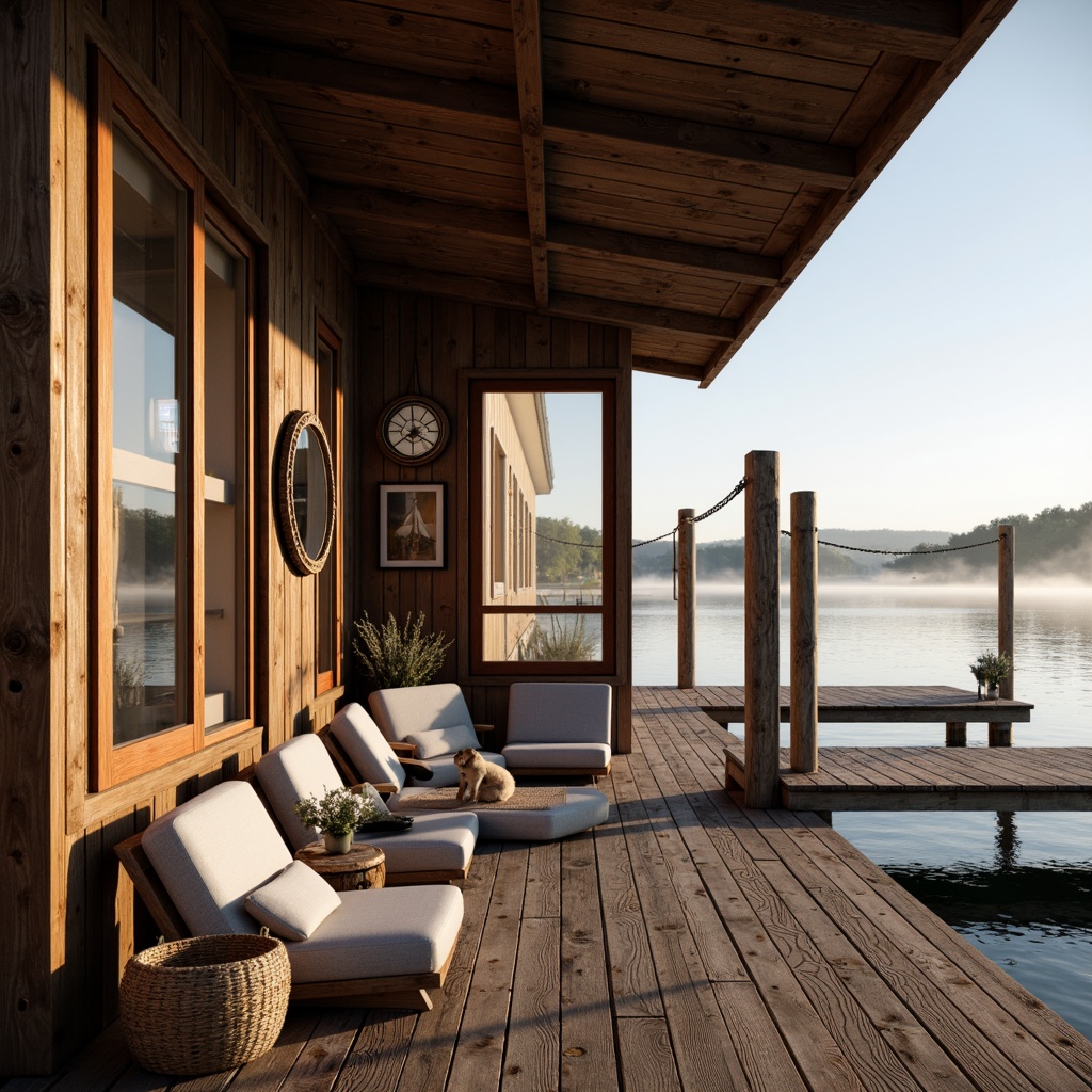 Prompt: Waterfront scenery, wooden dock, rustic boathouse, pitched roof, wooden beams, nautical decorations, porthole windows, sliding glass doors, cozy interior, natural textiles, earthy color palette, warm lighting, shallow depth of field, 1/1 composition, realistic wood textures, ambient occlusion, reflections on water, morning mist, serene atmosphere.