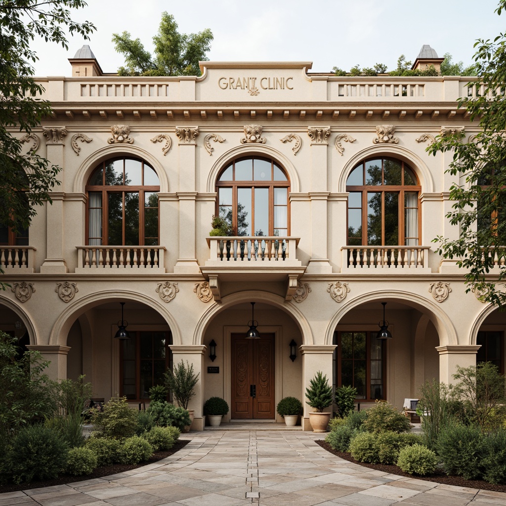 Prompt: Grand clinic facade, ornate stone carvings, rusticated quoins, arched windows, intricate cornices, ornamental balconies, symmetrical composition, warm beige stonework, aged wooden doors, classic lanterns, manicured gardens, tranquil courtyard, soft natural lighting, 1/1 composition, realistic textures, ambient occlusion.