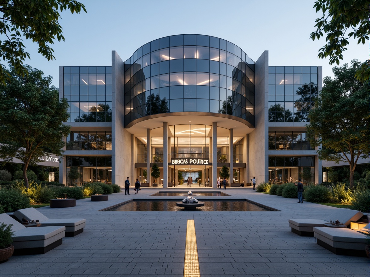 Prompt: Monumental memorial center, sleek international style, curved glass fa\u00e7ade, silver metallic accents, minimalist columns, grand entrance plaza, water feature reflection pool, lush greenery surroundings, abstract sculpture installations, natural stone flooring, subtle LED lighting, shallow depth of field, 1/1 composition, symmetrical architecture, bold typography signage, neutral color palette, solemn atmosphere, soft warm lighting.