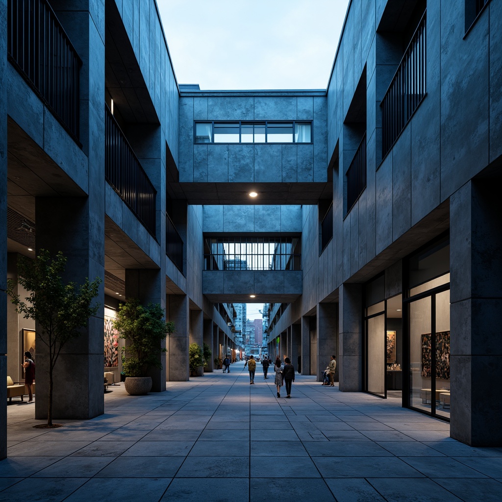 Prompt: Rugged brutalist architecture, navy blue concrete walls, industrial metal beams, rough-textured stone floors, minimalist decor, geometric patterns, harsh overhead lighting, dramatic shadows, abstract art installations, urban cityscape backdrop, overcast sky, cinematic low-angle shot, 1-point perspective composition, high-contrast color grading, gritty realistic textures.