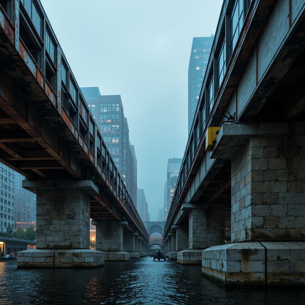 Prompt: Industrial steel bridges, rugged stone foundations, weathered metal beams, urban cityscape, misty dawn atmosphere, cool blue-grey tones, warm rust colors, vibrant yellow accents, bold structural lines, geometric patterns, dramatic lighting effects, high-contrast composition, cinematic mood, atmospheric fog, realistic textures.