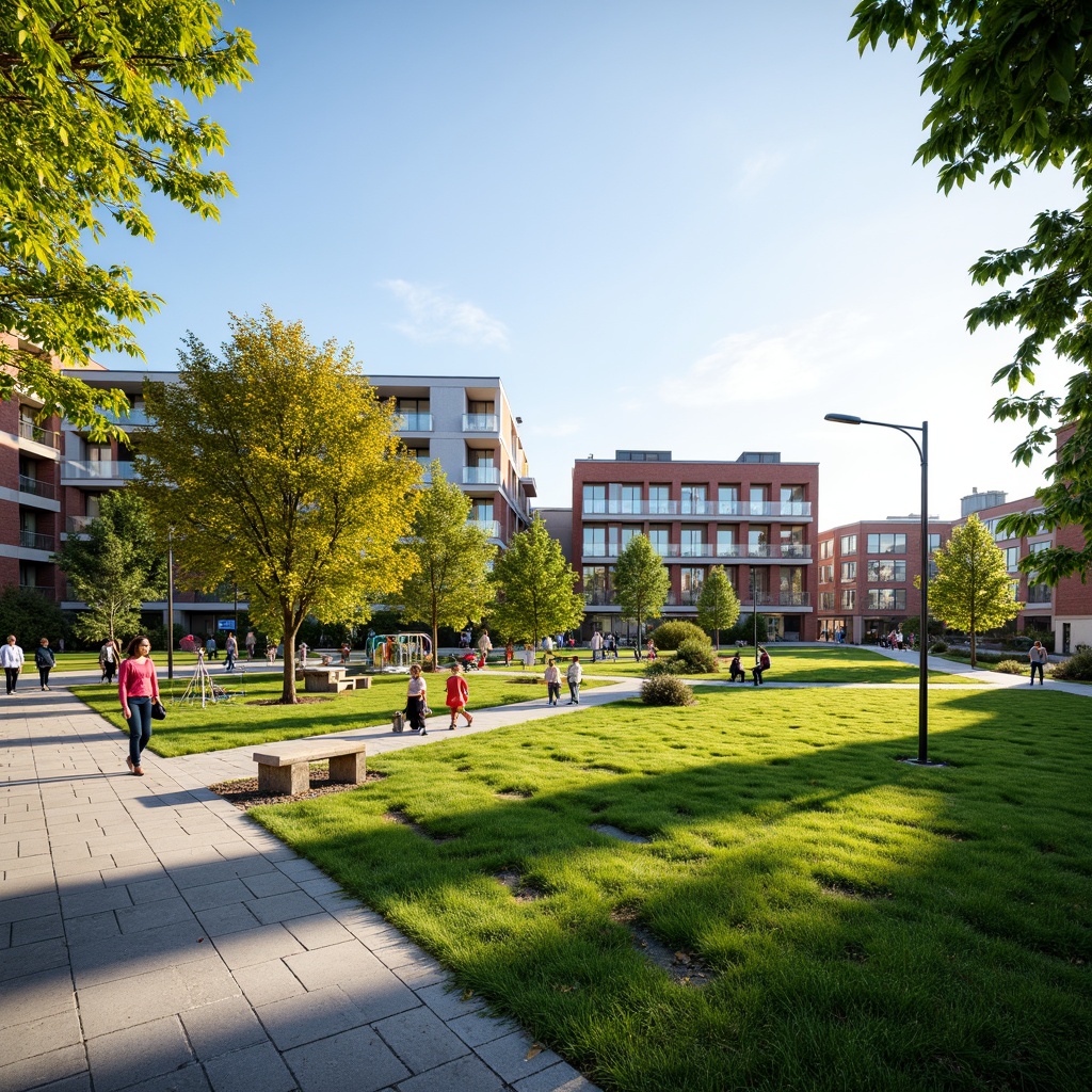 Prompt: Vibrant community park, lush green lawns, walking trails, outdoor fitness equipment, playgrounds, picnic areas, benches, public art installations, natural stone pathways, modern streetlights, urban architecture, mixed-use buildings, pedestrian-friendly streets, sunny day, soft warm lighting, shallow depth of field, 3/4 composition, panoramic view, realistic textures, ambient occlusion.