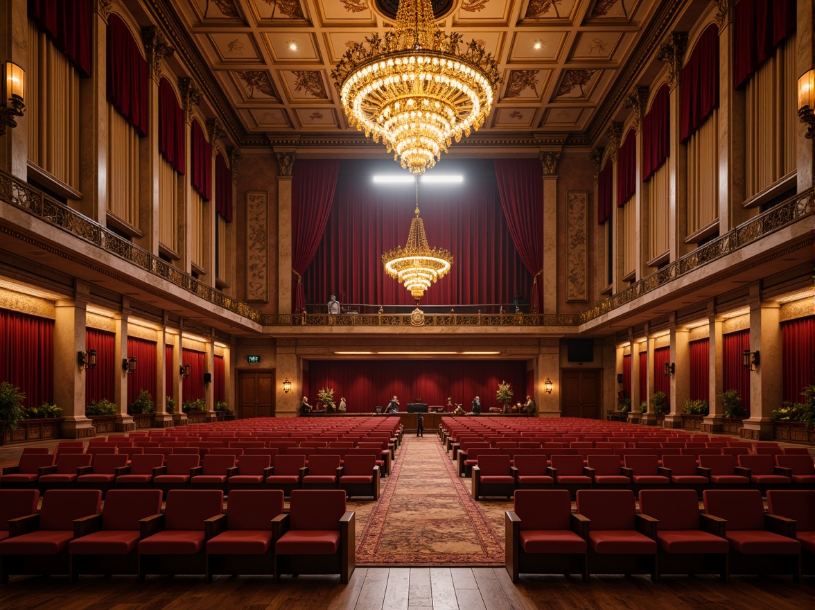 Prompt: Luxurious auditorium interior, velvet curtains, polished wooden floors, soft cushioned seats, ornate golden chandeliers, marble walls, intricate plaster ceiling details, richly patterned carpets, acoustic sound panels, state-of-the-art audio equipment, dramatic spotlights, warm ambient lighting, 1/2 composition, low-angle shot, realistic reflections, subtle gradient maps.