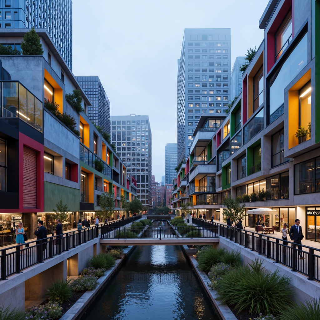 Prompt: Vibrant cityscape, postmodernist bridge design, curved steel structures, bold colorful accents, irregular shapes, fragmented forms, urban revitalization, pedestrian walkways, cyclist routes, waterfront redevelopment, modern streetlights, eclectic mix of materials, rough concrete textures, sleek glass railings, intricate cable systems, dynamic lighting effects, misty evening atmosphere, shallow depth of field, 1/1 composition, realistic reflections.