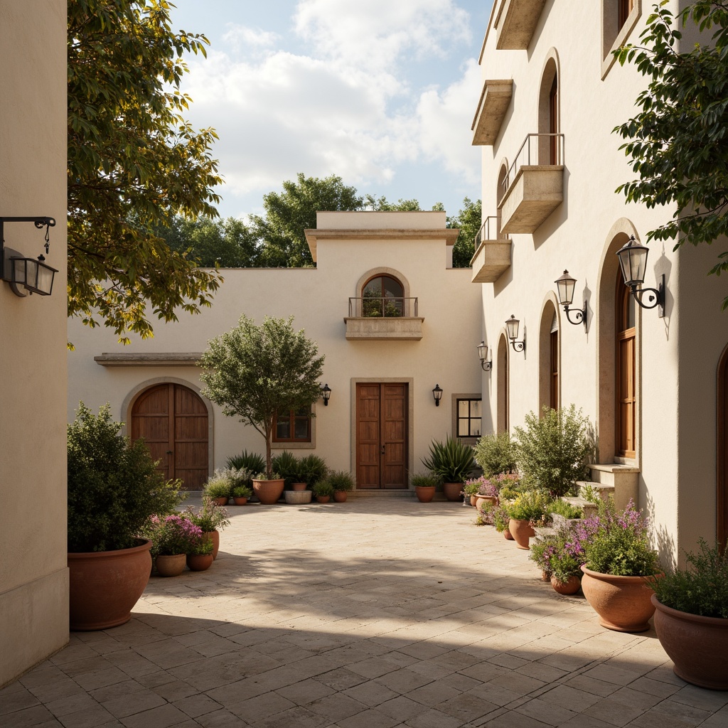 Prompt: Cream-colored buildings, soft warm lighting, gentle shadows, rustic wooden accents, natural stone walls, vintage decorative elements, elegant archways, ornate metal fixtures, distressed finishes, earthy terracotta pots, lush greenery, blooming flowers, serene atmosphere, shallow depth of field, 3/4 composition, panoramic view, realistic textures, ambient occlusion.