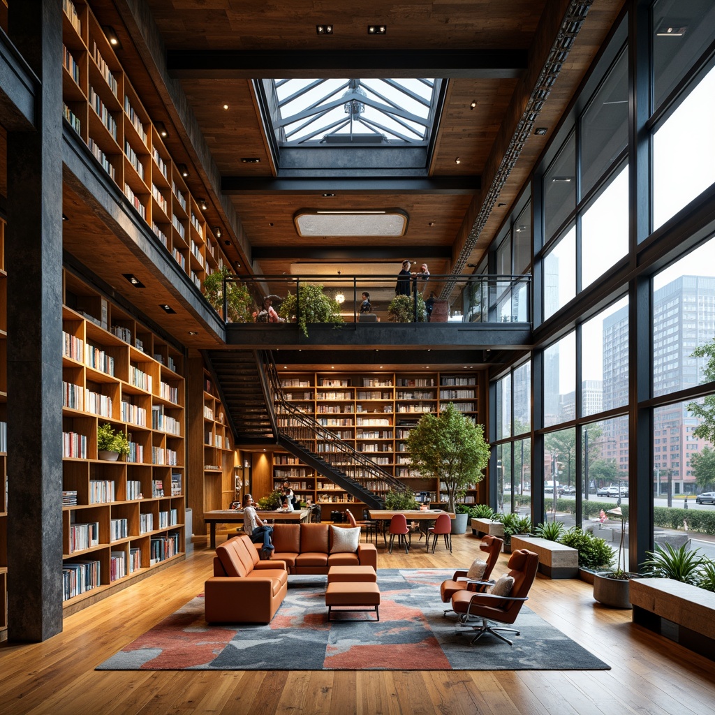 Prompt: Cozy library interior, constructivist architecture, asymmetrical shelving units, industrial metal beams, exposed ductwork, warm wooden flooring, geometric patterned rugs, minimalist reading areas, comfortable leather sofas, modern ergonomic chairs, abundant natural light, floor-to-ceiling windows, urban cityscape views, vibrant color accents, eclectic book collections, decorative bookshelves, sculptural staircase design, open atrium space, soft warm lighting, shallow depth of field, 2/3 composition, realistic textures, ambient occlusion.